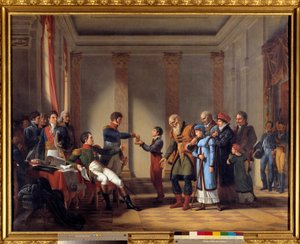 Caridade do Imperador Napoleão I (1769-1821) durante a campanha polaca em janeiro de 1807: Imperador dando uma pensão de cem napoleões a Nerocki, 117 anos de idade Pintura de John Charles Tardieu (1765-1830) Sol do século XIX. 1,15x1,46 m - Acto benevolent