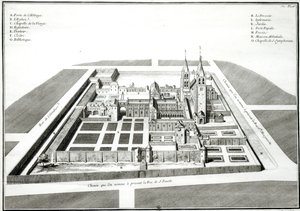 Vista da Abadia de Saint-Germain-des-Pres antes de 1640, gravada por Antoine Herisset (1685-1769) de Jean Chaufourier