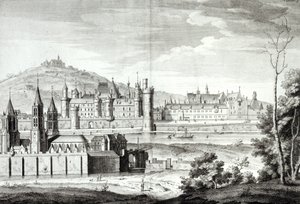 Vista da Abadia de Saint-Germain-des-Prés, o Louvre, Petit Bourbon, Montmartre e o Sena em 1410, gravada por Antoine Herisset (1685-1769) de Jean Chaufourier