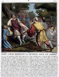 Saint Louis (1215-70) Renders Justice Under a Tree, gravada por Jean Baptiste Morret (fl. 1790-1820) 1789 (gravura colorida) de Jean Claude (after) Naigeon