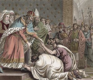 Carlos Magno (742-814) Recebe os embaixadores do Imperador do Oriente, gravados por Jean Baptiste Morret (fl. 1790-1820), 1789 de Jean Claude Naigeon