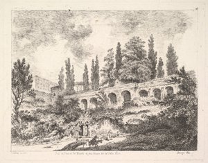 Vista da entrada de Tivoli e das muralhas da Villa dEste, cavaleiros aproxim ... do século XVIII.
