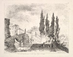 Vista dos jardins do Villa dEste em Tivoli, árvores de Chipre à direita, uma escada leva ..., 1764.