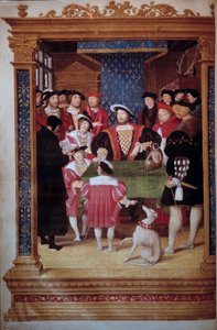 Antoine Macault lendo sua tradução para o rei Francisco I (1494-1547) e para sua corte O rei está cercado por seus filhos Franciscois, Henrique (futuro Henrique II) e Carlos. À esquerda, representações (da esquerda para a direita): Claude d