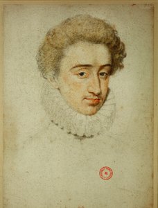 O futuro rei Henrique IV de França na altura do seu casamento com Margarida de Valois ... (lápis de cera sobre papel) de Jean Clouet