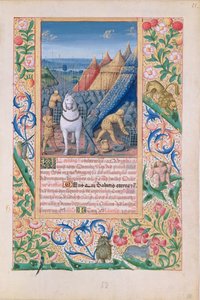 Senhora Lat. QvI126 f.52 Assírios abandonando seu acampamento em pânico, a partir do "Livro de Horas de Louis d&39;Orleans", 1469 de Jean Colombe