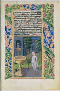 Senhora Lat. Qv126 f.58 Davi espionando Bate-Seba enquanto ela toma banho, do Livro das Horas de Luís d&39;Orléans, 1469