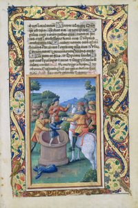 Senhora Lat. QvI126 fol.20 Joseph sendo retirado do poço e vendido para os ismaelitas, do Livro das Horas de Louis d&39;Orleans, 1490 de Jean Colombe