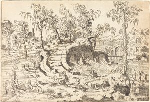 Putti jogando em uma paisagem fantasiosa de Jean Cousin the Younger