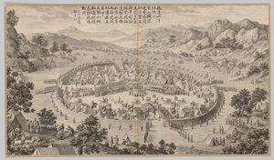 Khan de Bada Shan Apresentando Homenagem: das cenas de batalha do combate às rebeliões, c. 1765-177 de Jean Damascene Sallusti
