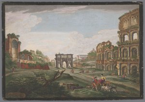 Vista das ruínas do Arco de Constantino e do Coliseu em Roma Roma ancienne (título no objeto) de Jean Daullé