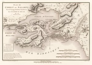 Plano da Batalha de Salamina para a Jornada do Jovem Anacarsis (Plano da Batalha de Salamina 480 aC) por Jean Denis Barbie do Bosque (1760-1825) de Viagem do jovem Anacharsis na Grécia (Viagens de Ana de Jean Denis Barbie du Bocage