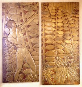 Quatro painéis de madeira lacada e dourada de &39;La Chase&39;, c.1935-1949 (painel de madeira lacada e dourada)