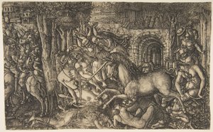 Um Rei Perseguido por um Unicórnio, da Série Unicórnio, ca. 1555. de Jean Duvet