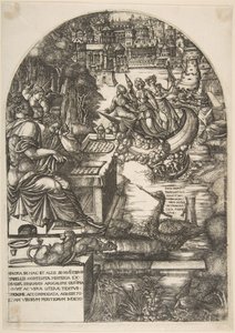 O artista Jean Duvet, disfarçado de São João Evangelista, sentado em uma mesa, ca. 1546-55.