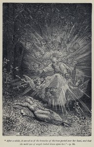 "Depois de um tempo, parecia que os ramos das árvores se separavam sobre a sua cabeça, e que os olhos suaves dos anjos a olhavam para baixo" (gravura) de Jean Edouard Dargent