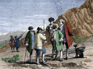 Florin Perier medindo a altura do Barômetro (tubo de mercúrio) do Evangelista Torricelli ou Toricelli durante a experiência sobre a gravidade do ar de Blaise Pascal, no topo do Puy de Dome (1648). Gravação por Yan Dargent. de Jean Edouard Dargent