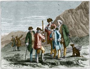 Florin Perier medindo a altura do Barômetro (tubo de mercúrio) do Evangelista Torricelli ou Toricelli durante a experiência sobre a gravidade do ar de Blaise Pascal, no topo do Puy de Dome (1648). Gravura de Yan Dargent. de Jean Edouard Dargent
