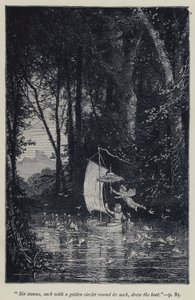 "Seis cisnes, cada um com um círculo dourado no pescoço, desenharam o barco" (gravura) de Jean Edouard Dargent