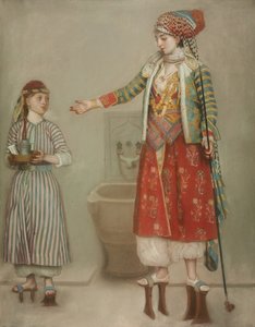 Uma dama em traje turco com seu criado no hammam, meados do século XVIII. de Jean Étienne Liotard