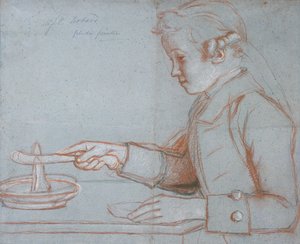 Jean Etienne Liotard, o filho do artista no café da manhã, c.1770 (vermelho, preto e giz branco sobre papel azul) de Jean Étienne Liotard