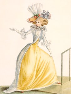 Collerette a la Henri IV, chapa de Galeries des Modes et Costumes Francais, c.1778-87 99: vestuário; vestido tradicional; traje tradicional; moda; ilustração; c18th; fashio