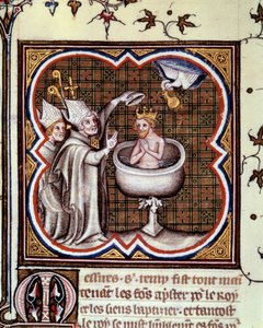 Bapteme of Clovis (466-511) de Saint Remy (Saint Remi) a Reims em 496: o Espírito Santo traz a lâmpada sagrada que contém o esperma sagrado usado para a unção dos reis. Miniatura em "grandes crônicas de França" de Jean Fouquet (1420-1481) de Jean Fouquet