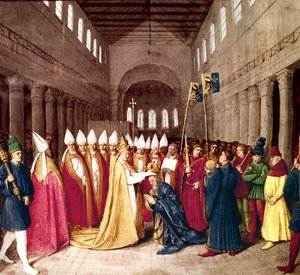 Coroação do Imperador Carlos Magno a 25 de Dezembro de 800 em Roma pelo Papa Leão III, iluminação de "Les Grandes Chroniques de France" de Jean Fouquet, c. 1455-1460