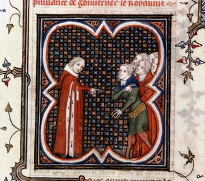 Etienne Marcel, um prefeito dos mercadores de Paris, disse pelo Rei João II o Bom (1319-1364) da França para respeitar a "Grande Portaria" de 1357 e censurado por sua conduta, em "As Grandes Crônicas da França" de Jean Fouquet (1420-1481), c. 1460 de Jean Fouquet