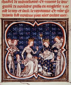 Rei da França Filipe I (1052-1108) com sua esposa Berthe de Hollande e seus filhos Constance da França (1078-1125) e Louis VI (1081-1137) Miniatura de "Les grandes chronicles de France" (ms. fr. 2813 fol. 182) 1375-1380 Paris, B.N. de Jean Fouquet