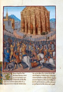 Le siege de Jerusalem par le roi de Babylone Nabuchodonosor II (604-562 avant JC) - Sítio de Jerusalém por Nabuchadnezzar II. Ilustração em Flavius Josephus "Antiquities of the Jews" (Antiquitatum Iudaicarum) par Fouquet, Jean (1420-1481). Gouache sobre pa de Jean Fouquet