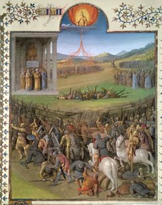 Sra. Fr 247 f.70 Batalha dos hebreus contra os cananeus e o castigo de Coré e os rebeldes, ilustração de &39;Antiquites Judaiques&39;, c.1470 de Jean Fouquet