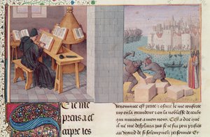Ms.fr.273 fol.7 Lívio (59 aC-17 dC) Escrita e a Fundação de Roma, de &39;Os Anais do Povo Romano&39; traduzido por Pierre Bersuire, c.1475 de Jean Fouquet