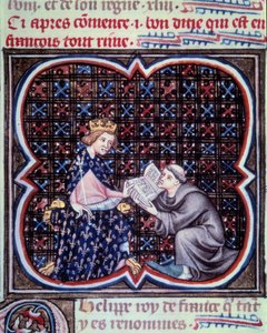Primaz apresentando o texto das grandes crônicas da França a Filipe III (1245-1285). Miniatura do manuscrito de Jean Fouquet (1420 - 1481) "Grandes Crônicas da França". Paris. B N de Jean Fouquet