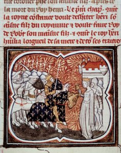 A Rainha Constança de Arles (986-1032) rende-se ao seu filho Henrique I Rei de França (1008-1060) Miniatura de "Les grandes chronicles de France" de Jean Fouquet (1420-1481) Paris, B.N. do século XV. de Jean Fouquet
