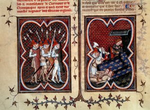 O marechaux Robert de Clermont e Jean de Conflans foram assassinados por Etienne Marcel (1315-1358) e seus homens no quarto do golfinho Charles (futuro Charles V) no Palais de la cite em 22 de fevereiro de Jean Fouquet