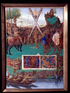 O mártir de Santo André crucifica a miniatura tirada de "O Livro de Horas de Estêvão Cavaleiro" de Jean Fouquet (1420-1477/1481) de Jean Fouquet