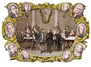 Paris - O café "Procope" no século XVIII, da direita para a esquerda, nos medalhões, Georges Louis Leclerc, Comte de Buffon, Nicolas Joseph Florent Gilbert, Denis Diderot, Jean le Rond d