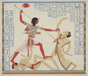 Afresco de Ibsambul mostrando um rei atropelando um inimigo derrotado e perfurando outro inimigo com uma lança, 1839-45