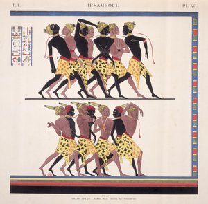 Interpretação dos afrescos em Ibsambul representando escravos núbios, de "Monuments de l" Egypte et de la Nubie "pelo artista, c.1835