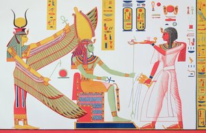 Ramesses IV (1153-1147 aC) oferecendo incenso para Isis e Amon-Re, sentado em um trono, cópia de uma pintura de parede de seu túmulo no Vale dos Reis, placa 260 de Monuments dEgypte por Jean-François
