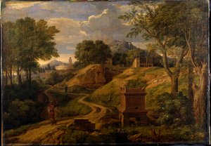 Paisagem clássica com uma mulher carregando uma criança, c.1650-75 (óleo sobre tela)