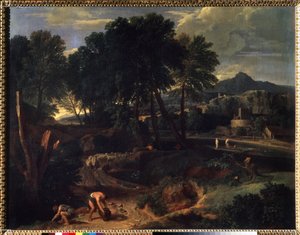 "Paisagem com um rebanho de ovelhas na estrada" Pintura de Jean Francois Millet, o Ancião (1642-1679) Museu Pushkin do século XVII, Moscovo