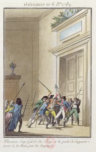 Multidão de parisienses atacando e matando o guarda na entrada dos apartamentos da rainha em Versailles 6 de outubro de 1789 de Jean Francois Janinet