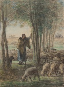 Uma pastora e seu rebanho na sombra das árvores, 1854-55 (conté crayon e pastel sobre papel) de Jean Francois Millet