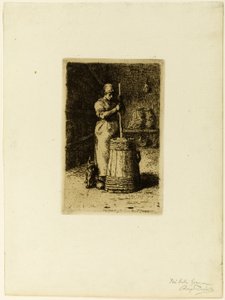 Eine Frau beim Buttern