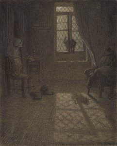 Le chat ou The Cat at the Window, 1857-58 (conté crayon e pastel com stumping e blending, fixado em papel woven) de Jean Francois Millet