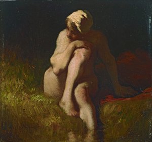 Camponesa nua sentada na margem de um riacho de Jean Francois Millet