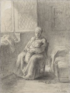 Mulher sentada com um bebê por uma janela, c.1824-75 (giz no papel) de Jean Francois Millet