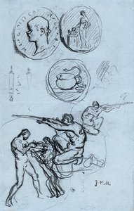 Três estudos para moedas antigas, caçadores e um homem com um leão de Jean Francois Millet